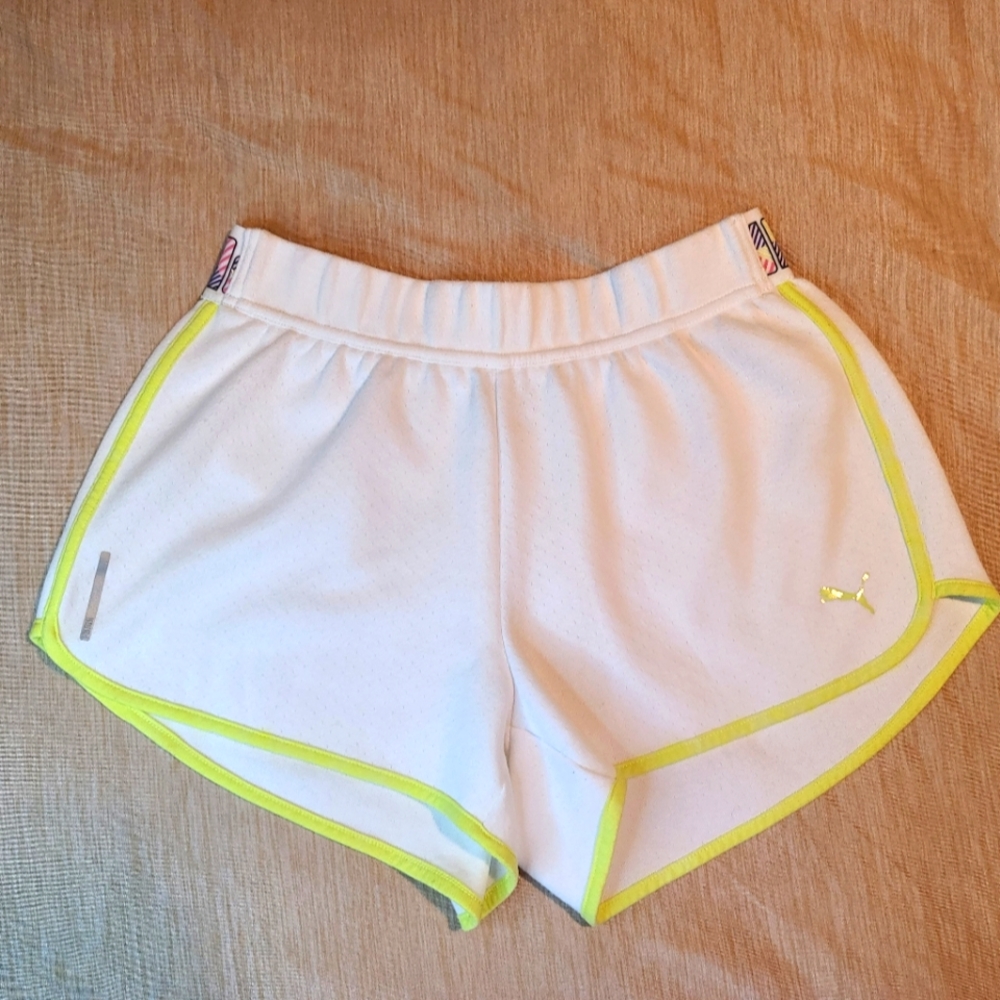 PUMA White with Yellow/Green Detail Perforated Running Shorts Size S